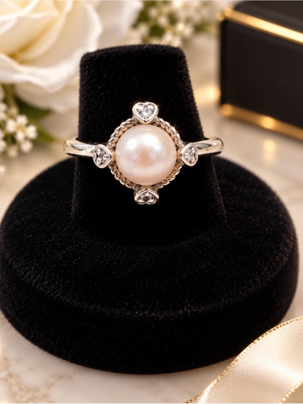 Sterling Silver 925 Genuine Diamond Accent Heart & Pearl Ring New sz8